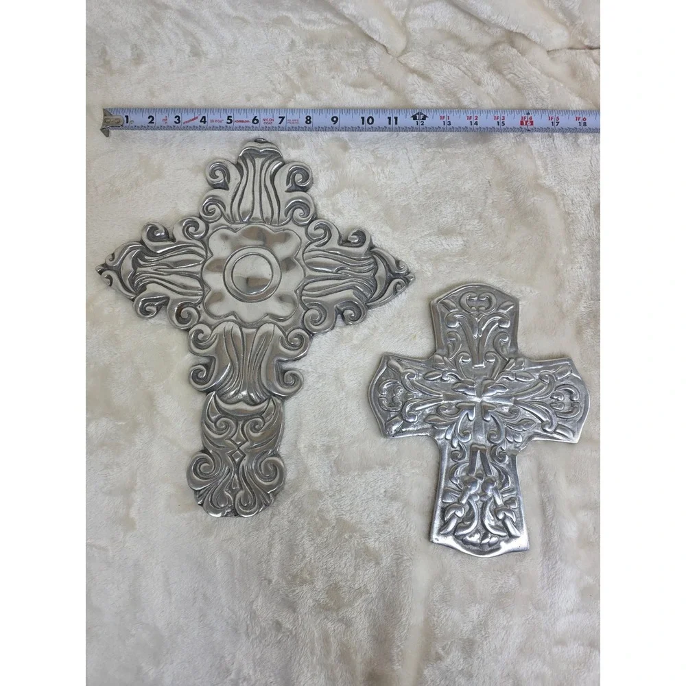 Lot of 2 Ornate Metal Cross Wall Decor Art
